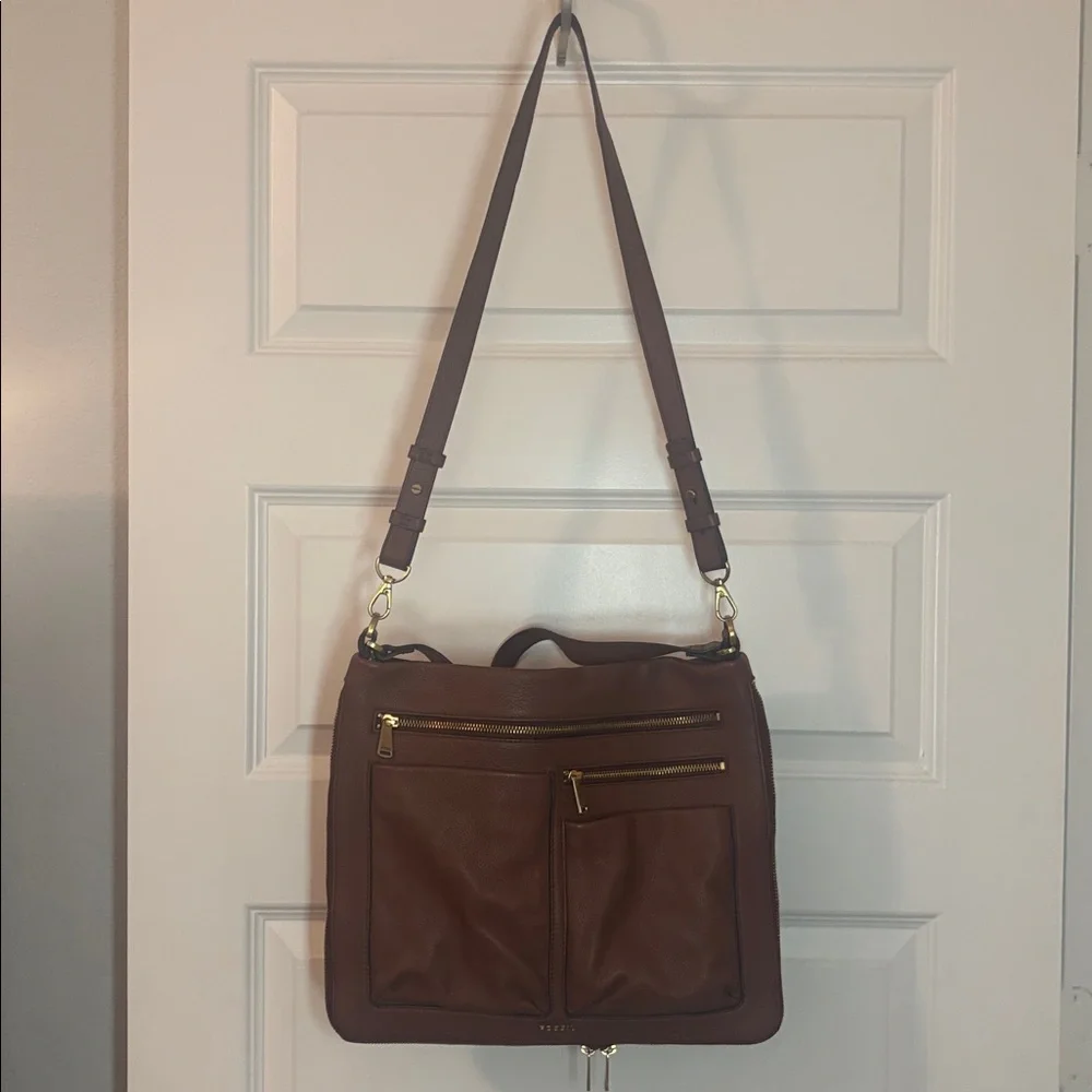 VTG Fossil Piper brown large crossbody shoulder bag pebbled leather zip bottom - Picture 2 of 16
